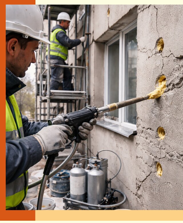 Заполнение пустот в фасаде и утепление стен в Майкопе